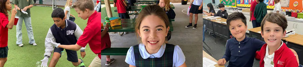 Children participate in outdoor activities, a girl smiles at a picnic table, and two boys pose together in a classroom setting.