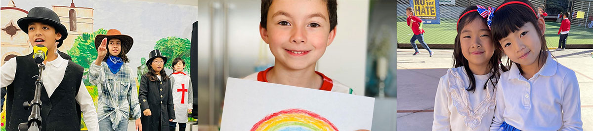 Collage: children in costumes performing on stage, a child holding a drawing of a rainbow and smiling, and two girls outdoors, smiling and hugging each other.