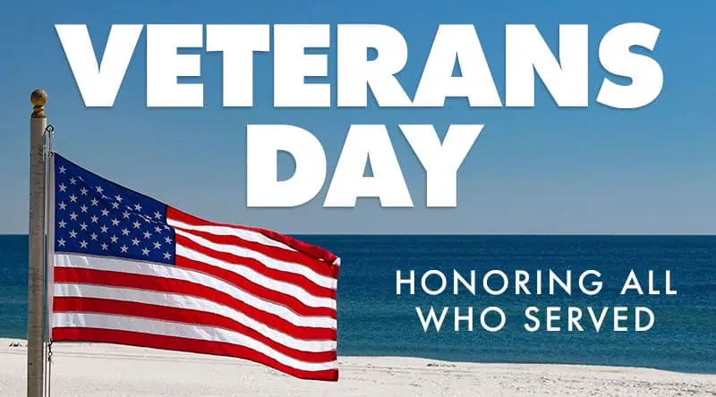 US flag by a white-sand beach with the text Veteran's Day