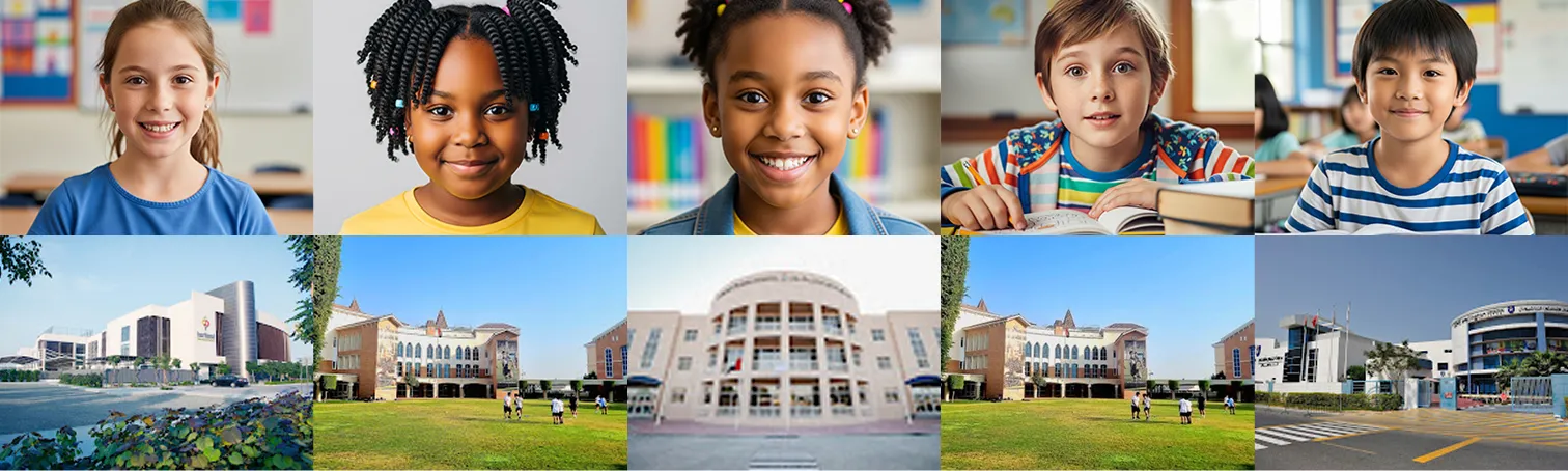 A collage showing five diverse, smiling schoolchildren in classrooms on the top row, and five different school buildings with lawns or parking areas on the bottom row.