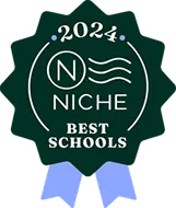 Dark green badge with a blue ribbon, displaying "2024 Niche Best Schools"