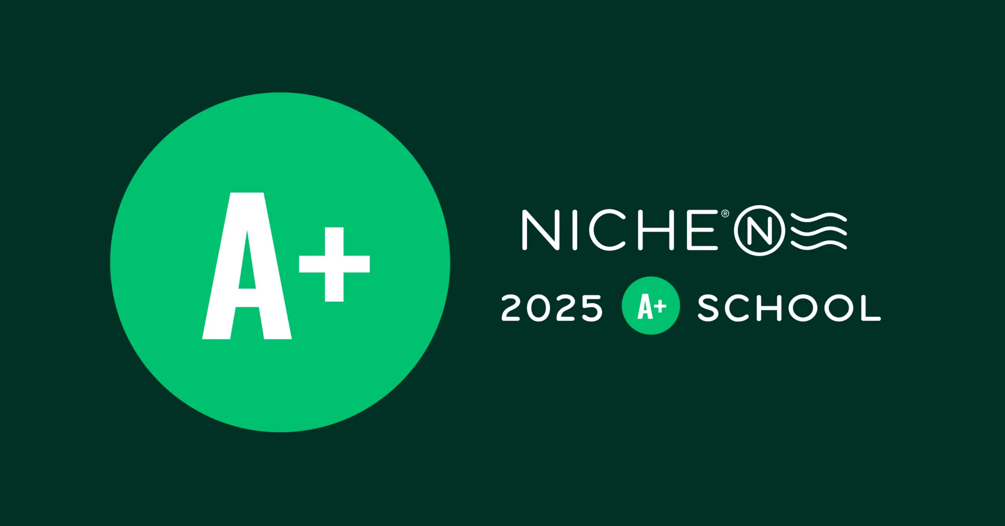 A green circle with a white "A+" and text reading "Niche 2025 A+ School" on a dark background, including the Niche logo.